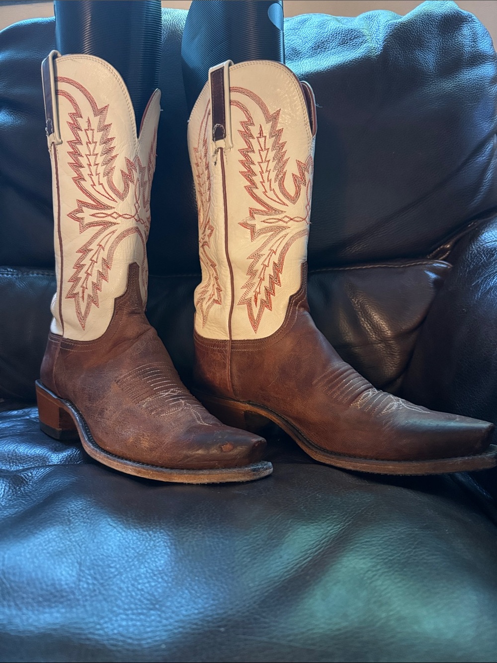 Lucchese women’s Brown/Cream/Orange upper design Western Cowboy Boots